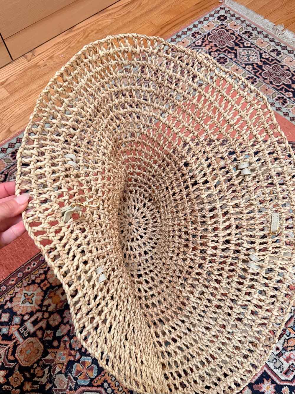 Eilaf Shamisa Braided Natural Straw Bucket Tote Ivory Leather Trim $395 - Picture 9 of 14